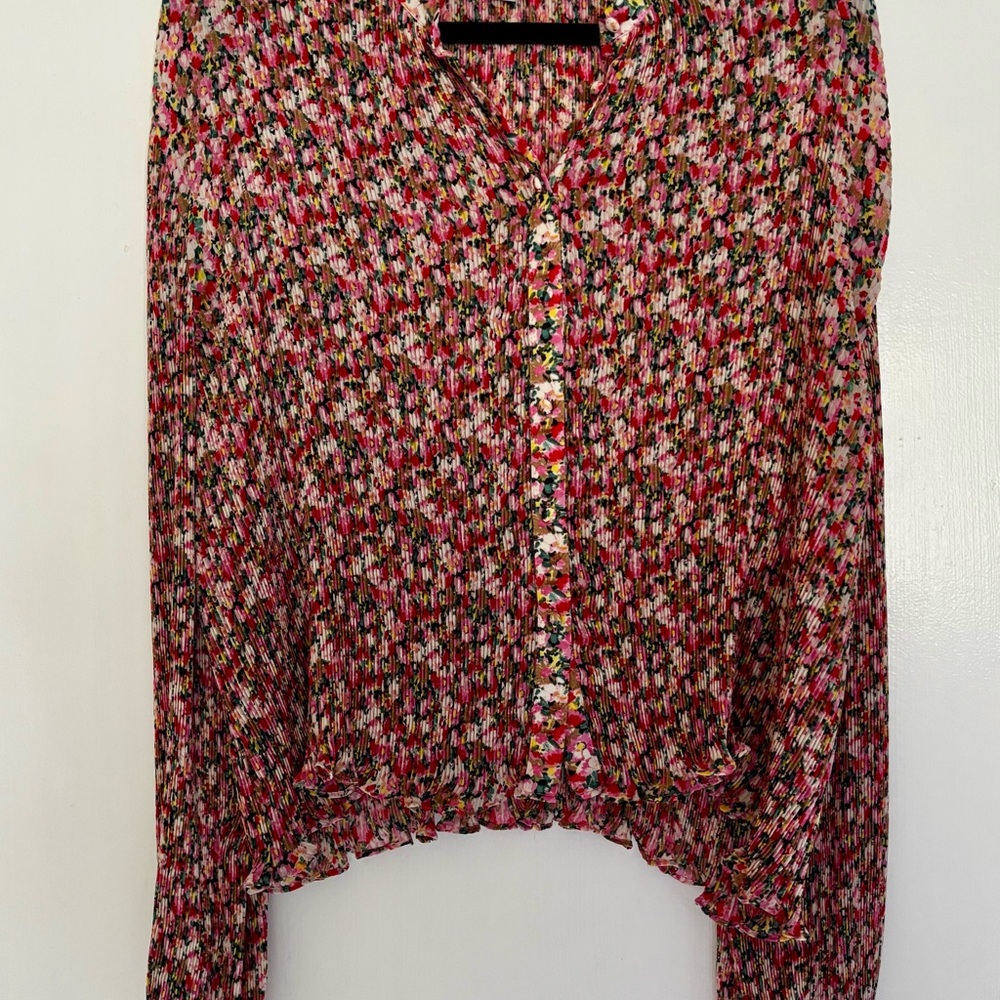 Boden Floral Pleated Button-Front Blouse | Long Sleeve | US 16